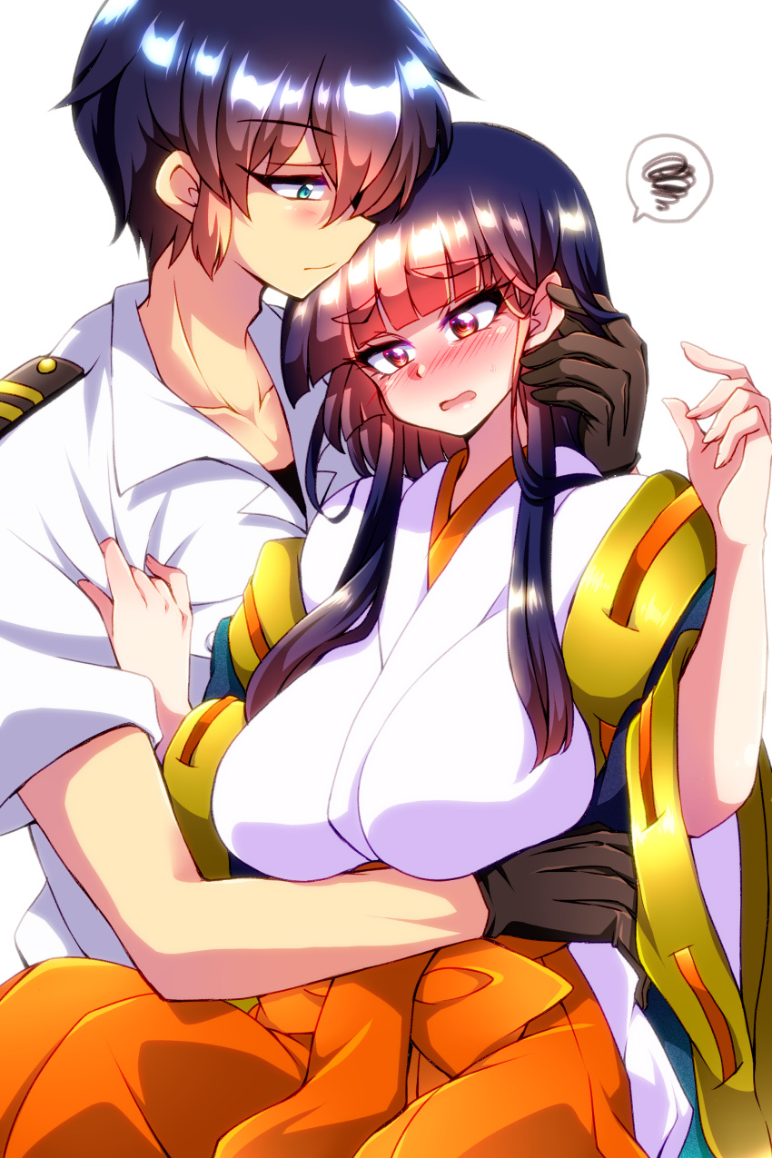 1boy, 1girl, absurdres, aqua_eyes, black_gloves, blue_hair, blush, breasts