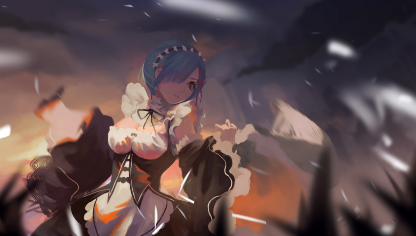 1girl, absurdres, apron, bangs, blue_eyes, blue_hair, blurry_background, bob_cut