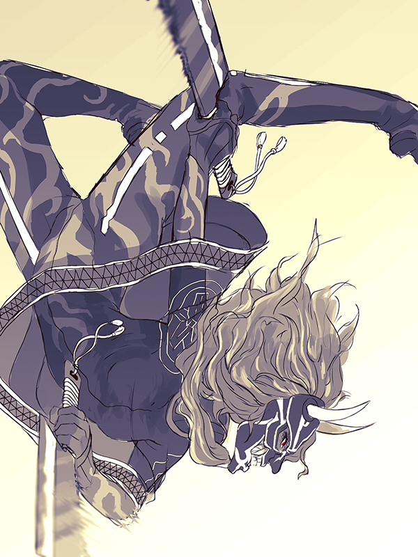 1girl, bodysuit, dual_wielding, hatchet, horns, mask, motion_blur, poncho