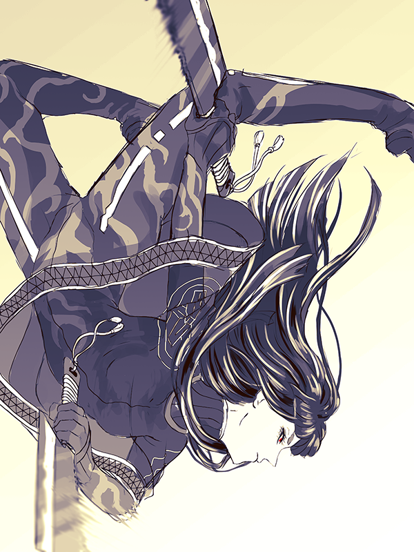 1girl, black_hair, bodysuit, dual_wielding, hatchet, horns, mask, mask_removed