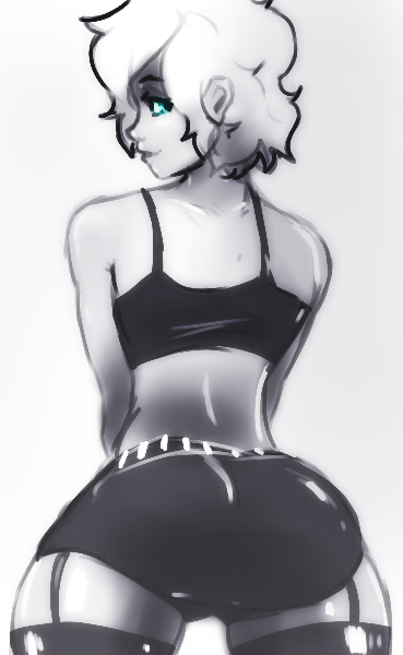 1girl, aqua_eyes, ass, bra, cowboy_shot, curvy, from_behind, looking_at_viewer
