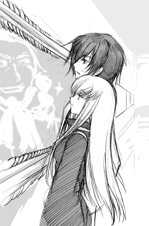 cc, charles_di_britannia, charles_zi_britannia, code_geass, creayus, lelouch_lamperouge, long_hair, monochrome, painting, sparkle