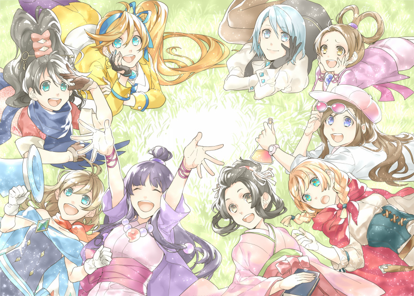 6+girls, :d, arms_up, ayasato_harumi, ayasato_mayoi, black_gloves, black_hair, black_legwear, black_skirt, blonde_hair, blue_bow, blue_eyes, blue_hair, blue_hat, blue_scarf, bow, braid, brooch, brown_eyes, brown_gloves, brown_hair, brown_legwear, cape, chin_rest, circle_formation, closed_eyes, dai_gyakuten_saiban, everyone, flask, glasses, gloves, green_eyes, gyakuten_kenji, gyakuten_saiban, hair_bow, hair_bun, hairband, hat, hat_removed, headwear_removed, highres, houzuki_akane, ichijou_mikumo, japanese_clothes, jewelry, karuma_mei, kimono, kizuki_kokone, kurose_(cha_no_yu), long_hair, looking_at_viewer, magatama, mahoney_katalucia, mikotoba_susato, multiple_girls, naruhodou_minuki, open_mouth, orange_hair, pantyhose, partly_fingerless_gloves, pink_hat, professor_layton_vs._gyakuten_saiban, scarf, short_hair, side_ponytail, skirt, smile, sunglasses, top_hat, twin_braids, watch, watch, yellow_skirt