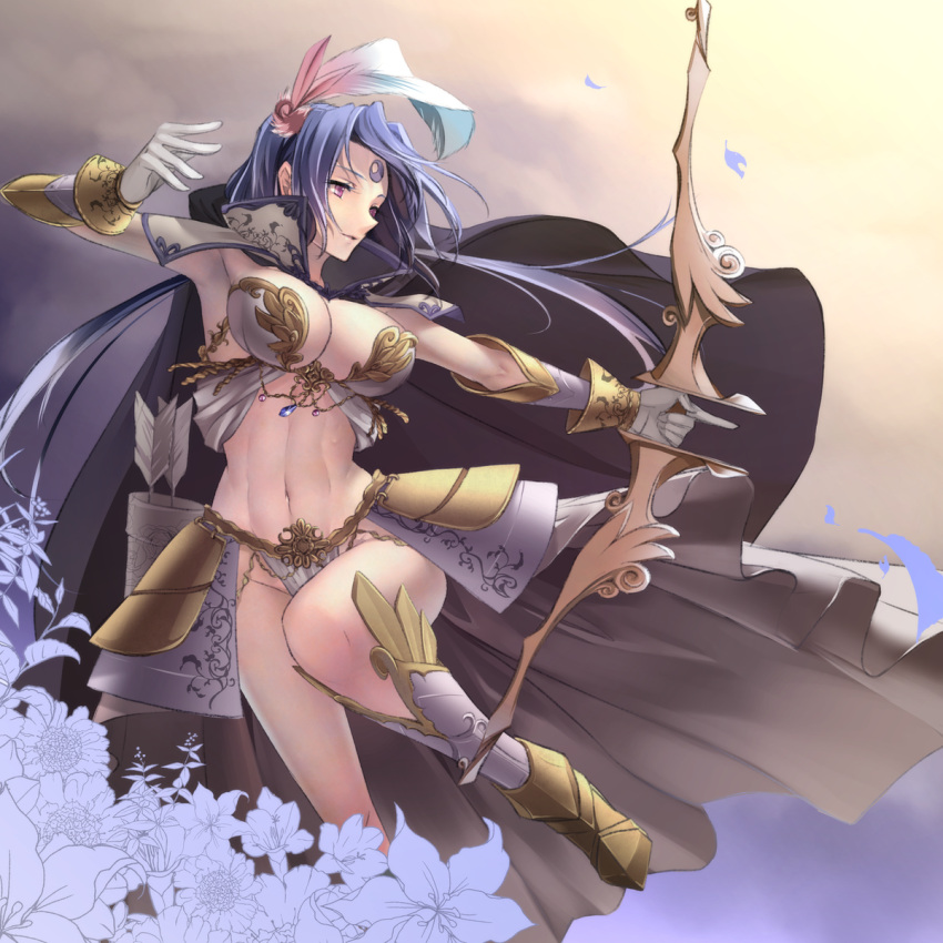 1girl, armor, armored_dress, armpits, arrow, bikini_armor, blue_hair, bow_(weapon)