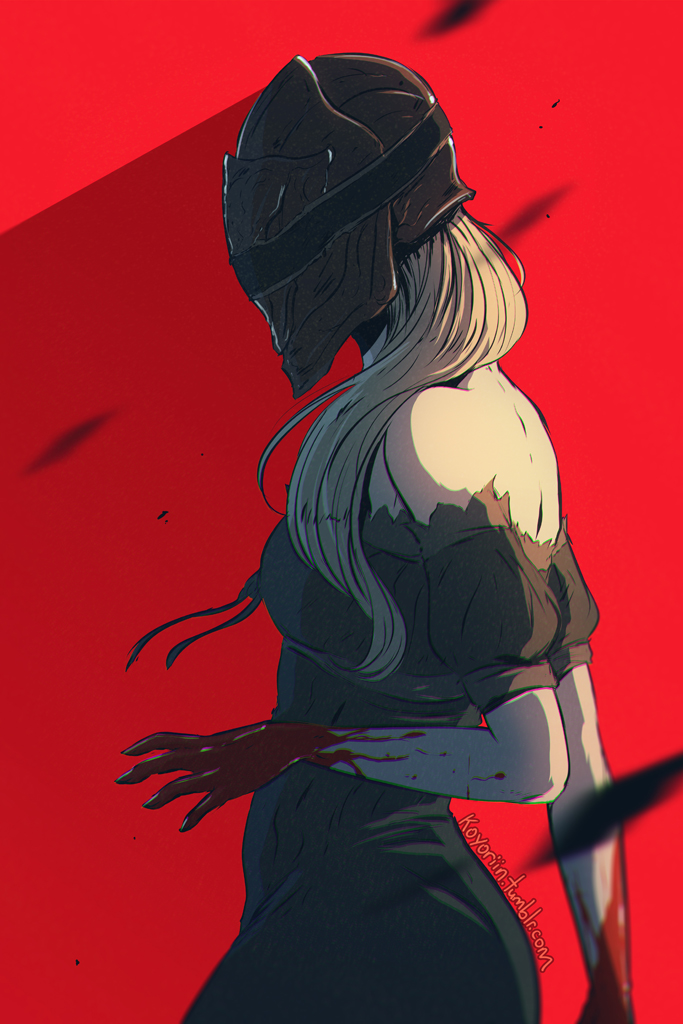 1girl, annalise_queen_of_the_vilebloods, artist_name, bare_shoulders, black_dress, blonde_hair, blood, bloodborne, dress, helmet, koyorin, long_hair, off-shoulder_dress, off_shoulder, red_background, simple_background, solo, watermark, web_address