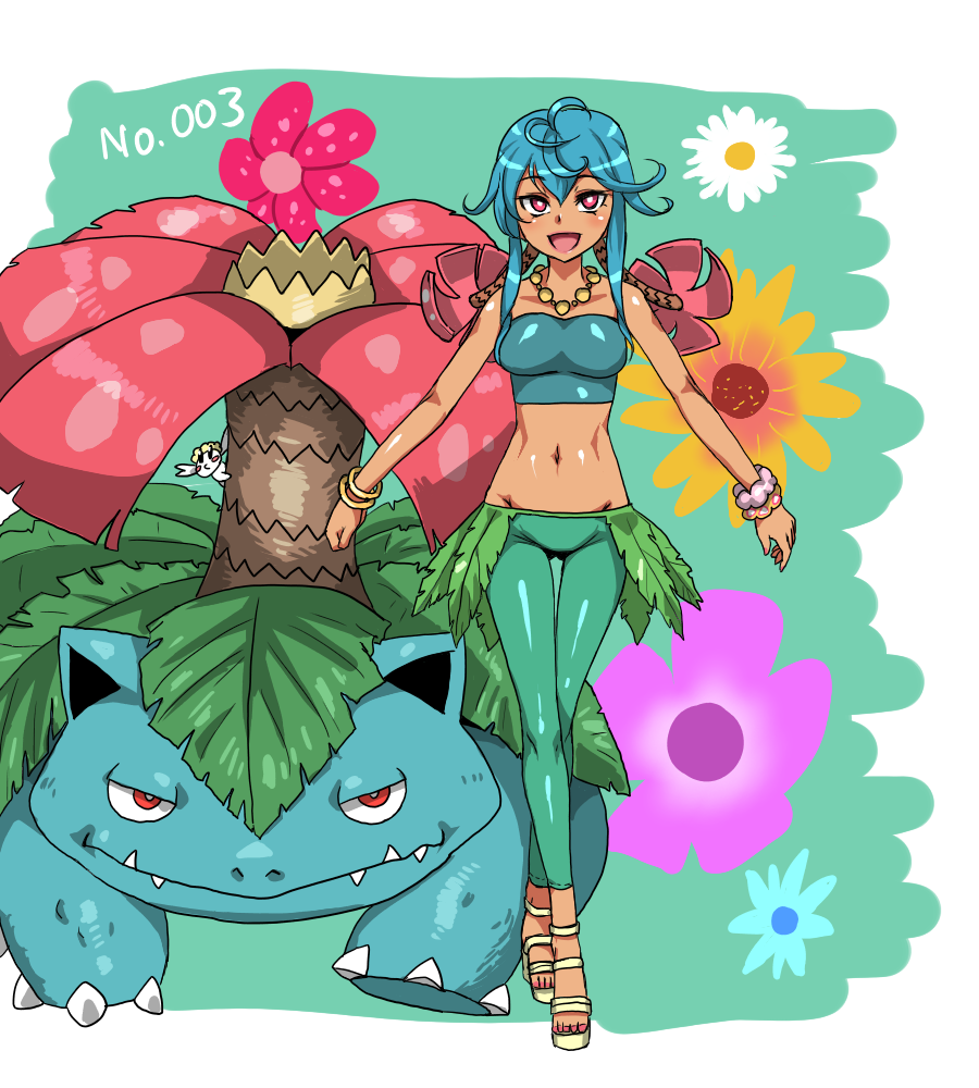 10s, 1girl, bare_shoulders, blue_hair, breasts, crop_top, flabebe, flower