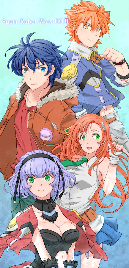 2boys, 2girls, :>, akimoto_(akimomomoto), aqua_centolm, blue_eyes, blue_hair, breasts