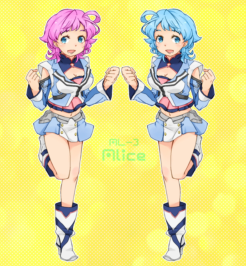 2girls, :d, akimoto_(akimomomoto), al-3_alice, antenna_hair, blue_eyes, blue_hair, boots