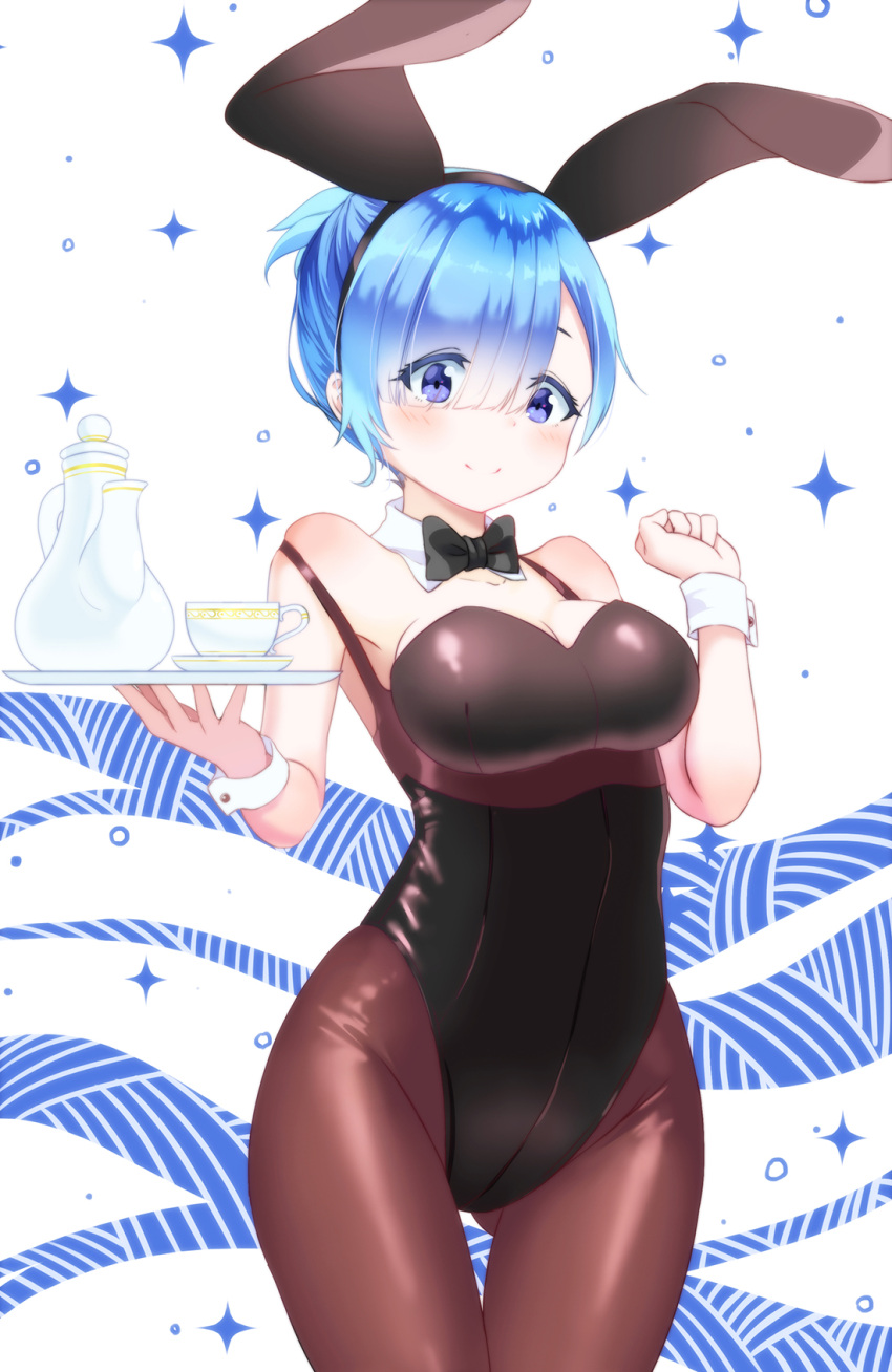 1girl, alternate_hair_length, alternate_hairstyle, animal_ears, arm_at_side, bangs, bare_shoulders, black_legwear, blue_eyes, blue_hair, blunt_bangs, breasts, bunny_girl, bunny_tail, bunnysuit, clenched_hand, detached_collar, eyebrows, eyebrows_visible_through_hair, fake_animal_ears, female, hair_over_one_eye, highleg, highleg_leotard, highres, large_breasts, leotard, looking_down, matsukawa_li, pantyhose, rabbit_ears, re:zero_kara_hajimeru_isekai_seikatsu, rem_(re:zero), short_ponytail, smile, strap_slip, tail, tray, wide_hips