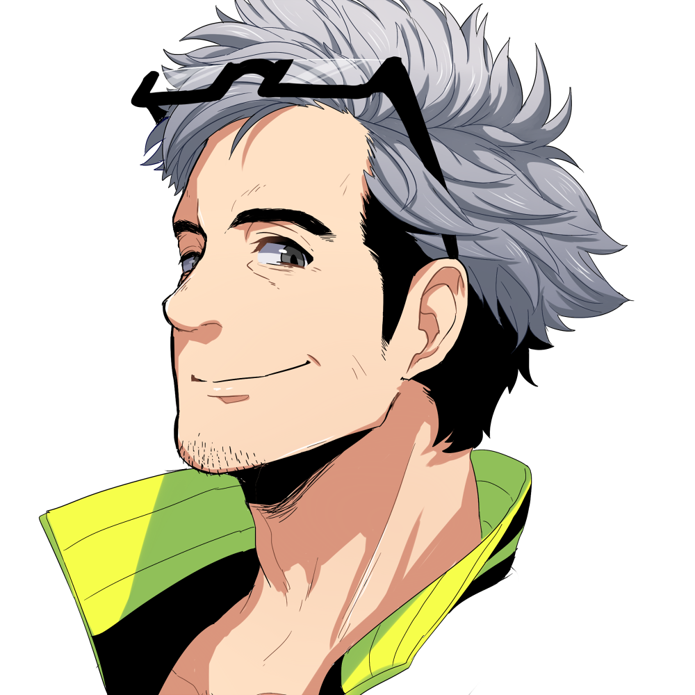 10s, 1boy, akausagi29, beard, black_eyes, black_hair, facial_hair, glasses_on_head, grey_hair, multicolored_hair, pokemon, pokemon_(game), pokemon_go, portrait, professor_willow, simple_background, solo, two-tone_hair, white_background, willow_(pokemon)