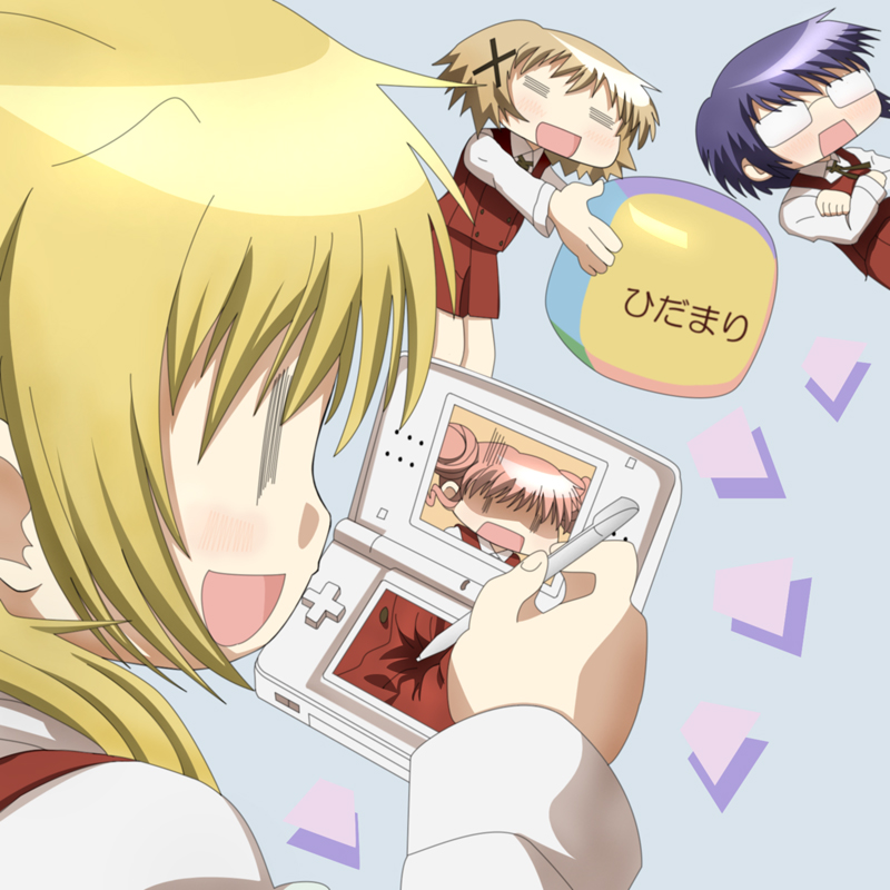 bad_id, blonde_hair, blue_hair, brown_hair, e-i-k, glasses, hidamari_sketch, hiro, miyako, nintendo_ds, sae, short_hair, wide_face, wideface, yuno