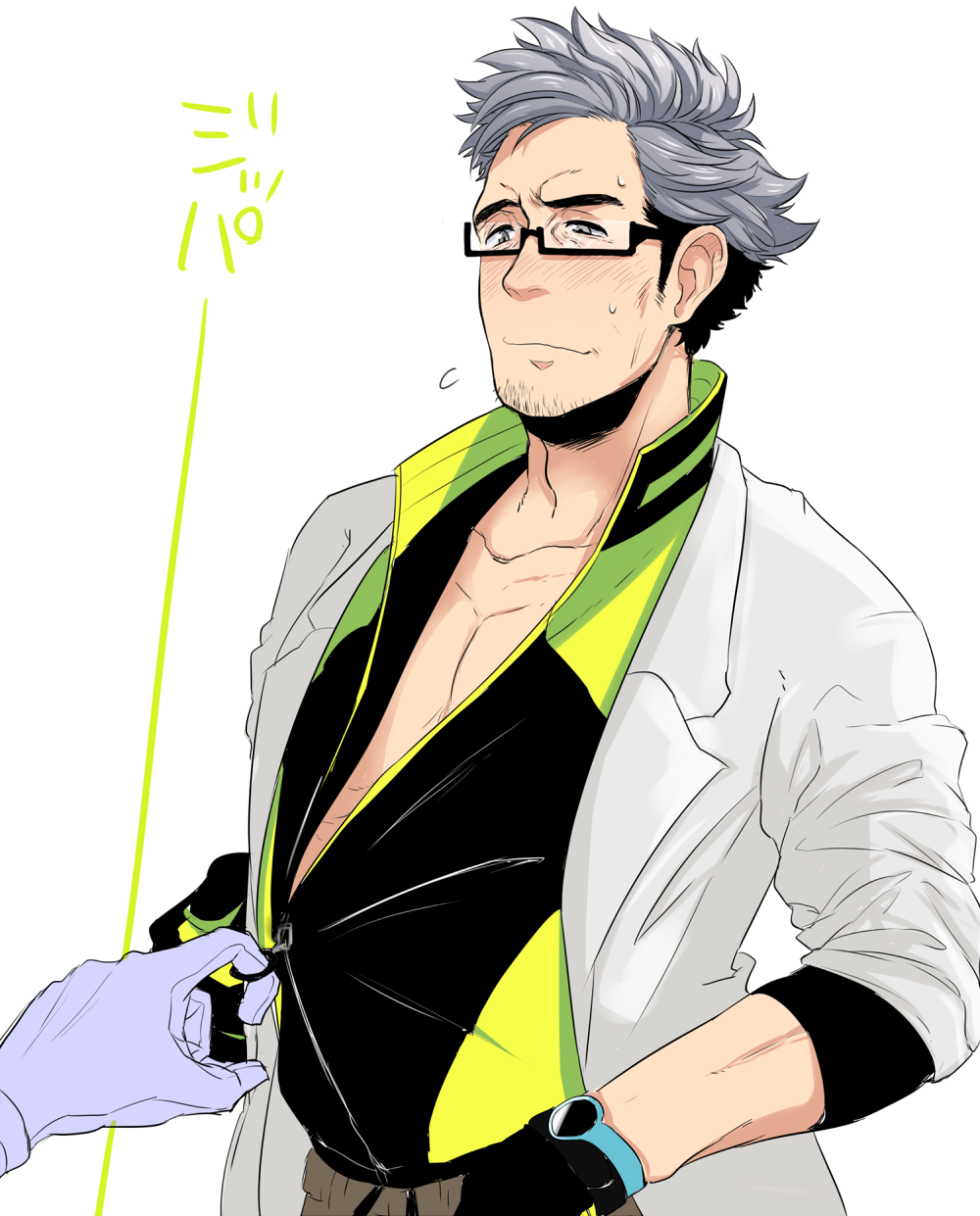 10s, 1boy, akausagi29, beard, black_hair, blush, coat, facial_hair, glasses, gloves, grey_eyes, grey_hair, highres, multicolored_hair, pokemon, pokemon_(game), pokemon_go, professor_willow, simple_background, solo, two-tone_hair, undressing, white_background, willow_(pokemon)