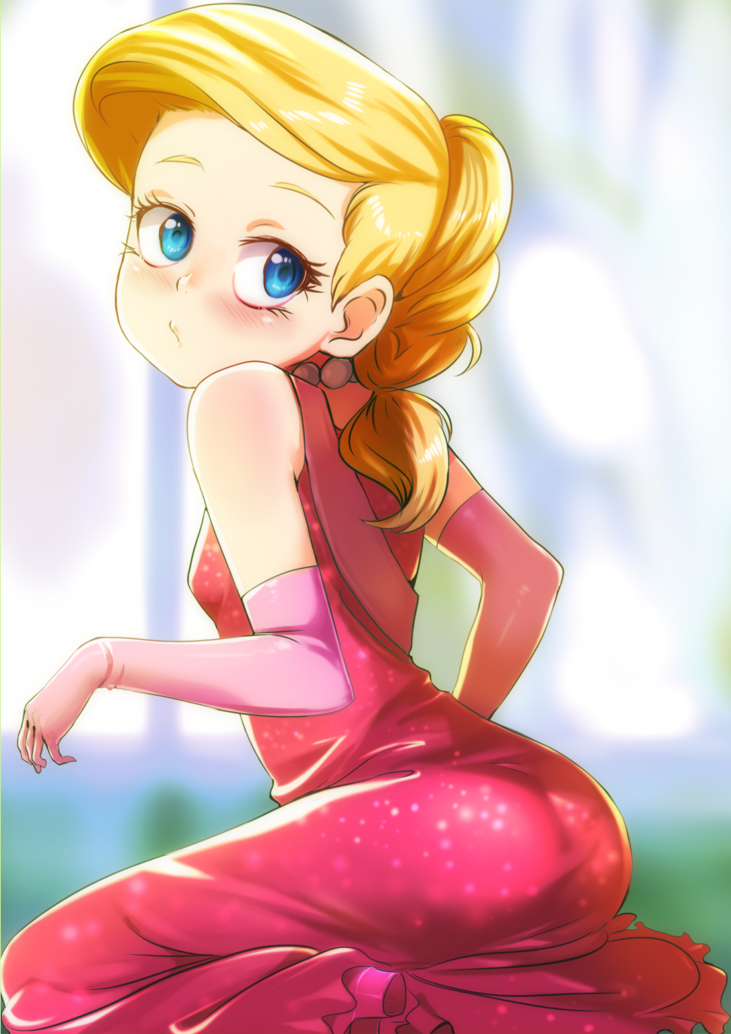 1girl, alternate_hairstyle, blonde_hair, blue_eyes, blue_hair, blurry, braid, child, depth_of_field, dress, elbow_gloves, from_side, gloves, high_heels, highres, jcm2, jewelry, lana_loud, lola_loud, lola_loud_(cosplay), looking_back, makeup, mascara, necklace, nickelodeon, pink_dress, pink_gloves, ponytail, pouty_lips, sitting, solo, the_loud_house, yokozuwari