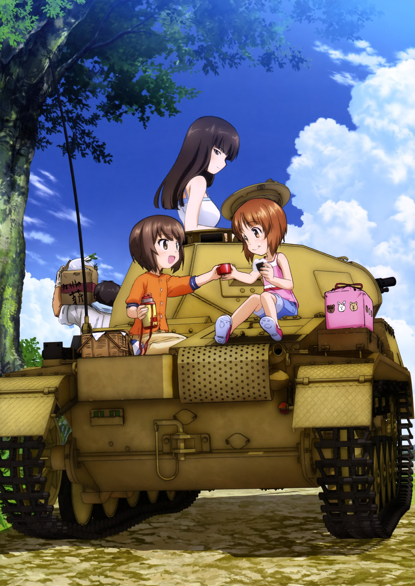 1boy, 3girls, :t, absurdres, arm_support, basket, black_eyes, black_hair, box, brown_eyes, brown_hair, cardboard_box, carrying, carrying_over_shoulder, casual, caterpillar_tracks, clouds, cup, eating, eye_contact, family, food, from_behind, girls_und_panzer, ground_vehicle, happy, hatch, highres, long_hair, looking_at_another, looking_back, military, military_vehicle, mother_and_daughter, motor_vehicle, multiple_girls, nishizumi_maho, nishizumi_miho, nishizumi_shiho, nishizumi_tsuneo, obentou, official_art, onigiri, open_mouth, pants, pants_rolled_up, panzerkampfwagen_ii, picnic, picnic_basket, profile, reaching_out, riding, road, scan, seiza, short_hair, siblings, sisters, sitting, sky, sleeveless, sleeves_rolled_up, smile, spring_onion, tank, tank_top, thermos, translation_request, tree, vehicle, wrapped_obentou, younger