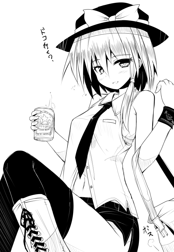 1girl, ai_takurou, alternate_costume, bag, bangs, bare_shoulders, beer_can, blush