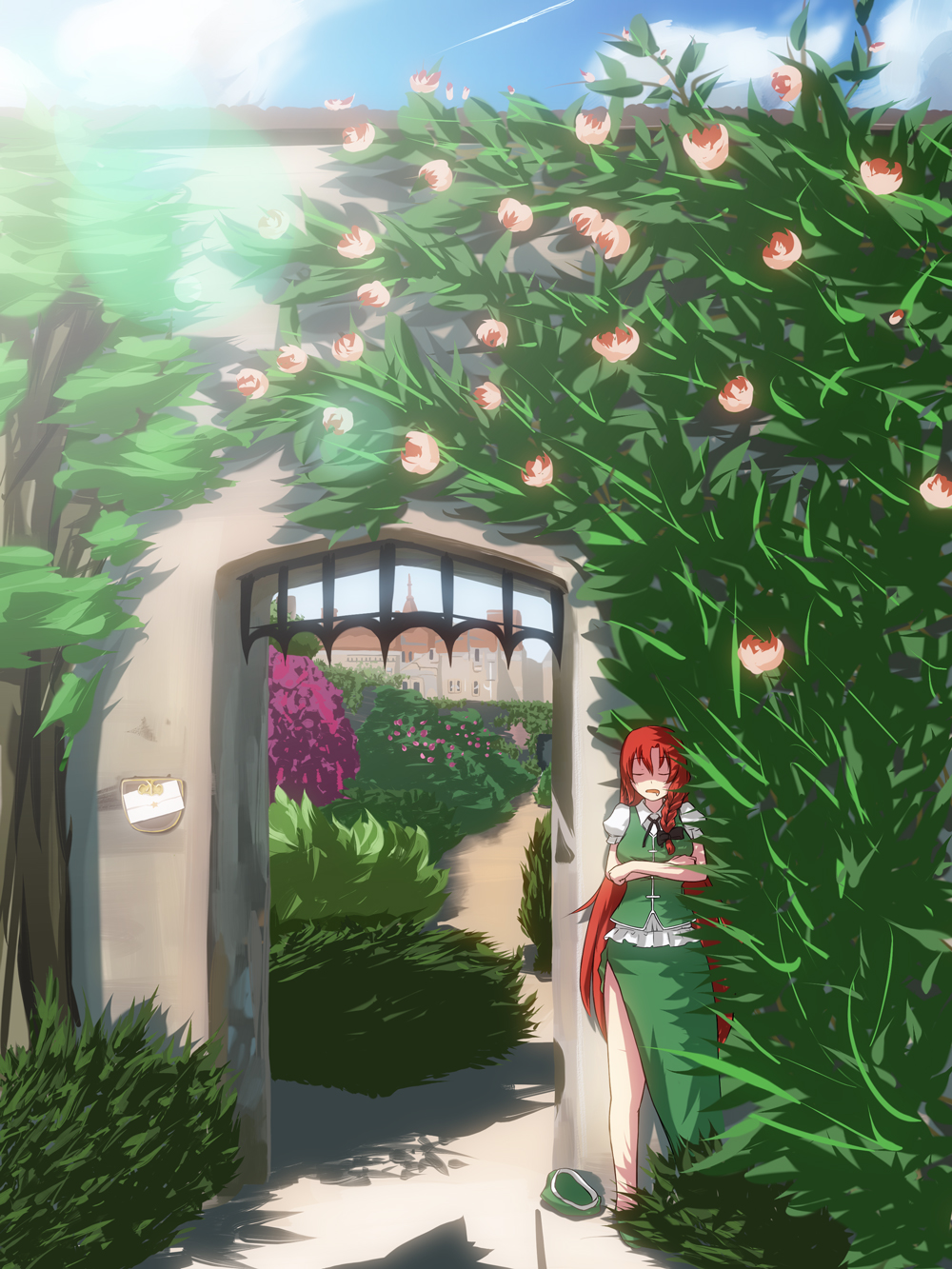bad_id, braid, flower, garden, gate, hat, hat_removed, headwear_removed