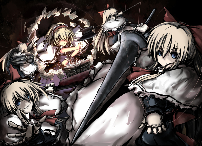 axe, blonde_hair, blue_eyes, book, doll_joints, kara_kasa, lance, polearm