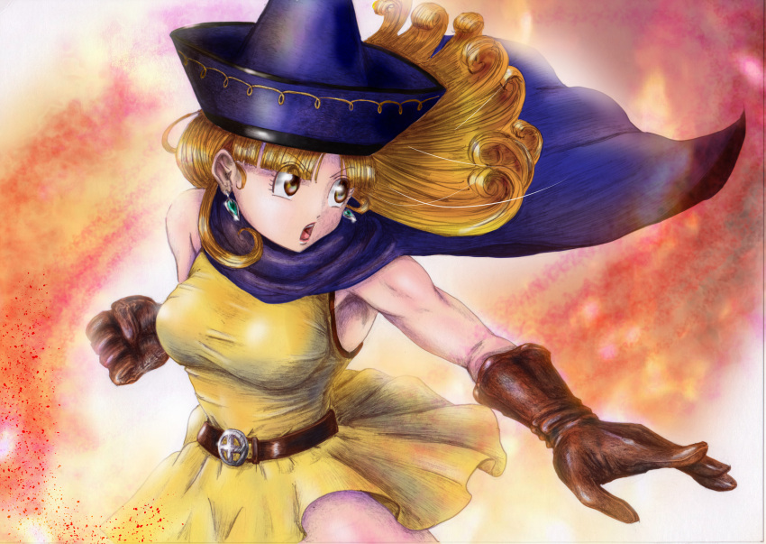 1girl, alena_(dq4), breasts, brown_eyes, cape, clenched_hand, curly_hair, dragon_quest