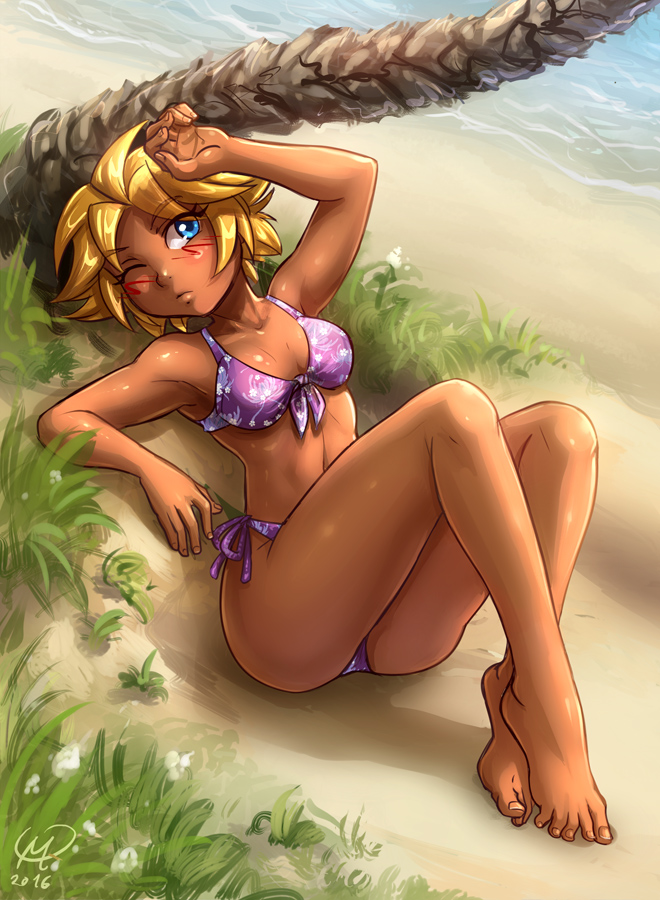 1girl, barefoot, beach, bikini, blonde_hair, blue_eyes, blush, dark_skin