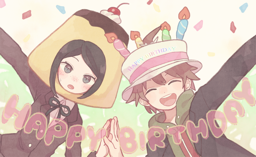 1boy, 1girl, black_hair, blush, brown_hair, cake_hat, closed_eyes, confetti