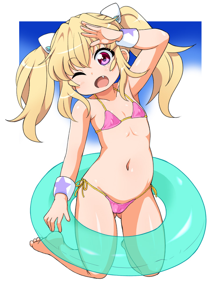 1girl, aquarion_logos, bikini, blonde_hair, child, daiou, fang, innertube, looking_at_viewer, navel, one_eye_closed, shiny, shiny_hair, shiny_skin, solo, twintails, uminagi_karan, wink