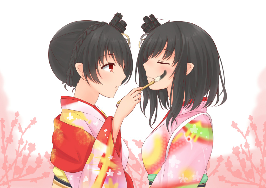 2girls, alternate_costume, black_hair, blush, braid, closed_eyes, crown_braid, face_painting
