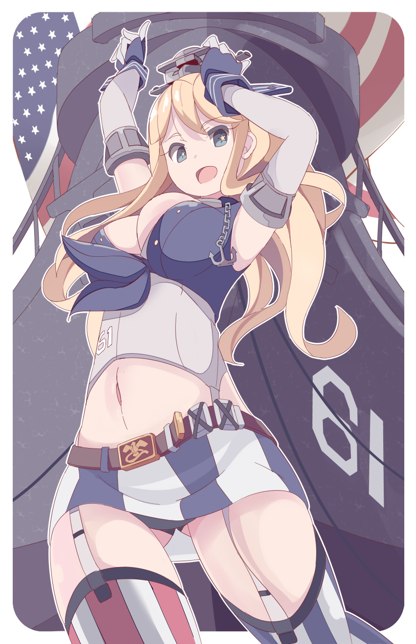 1girl, absurdres, american_flag, arms_up, blonde_hair, blue_eyes, breasts, elbow_gloves
