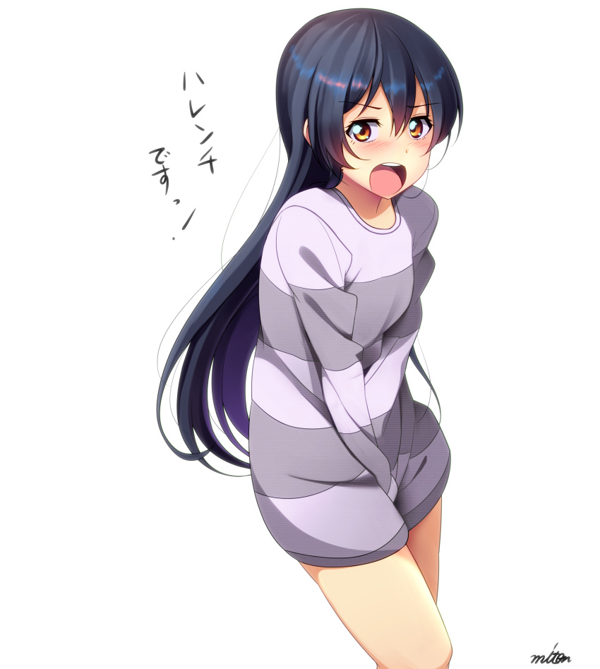 1girl, :o, artist_name, black_hair, breasts, colored_stripes, covering, covering_crotch