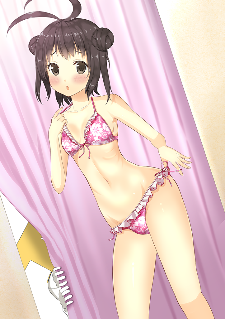 1girl, admiral_(kantai_collection), antenna_hair, bikini, black_hair, blush, breasts, brown_eyes