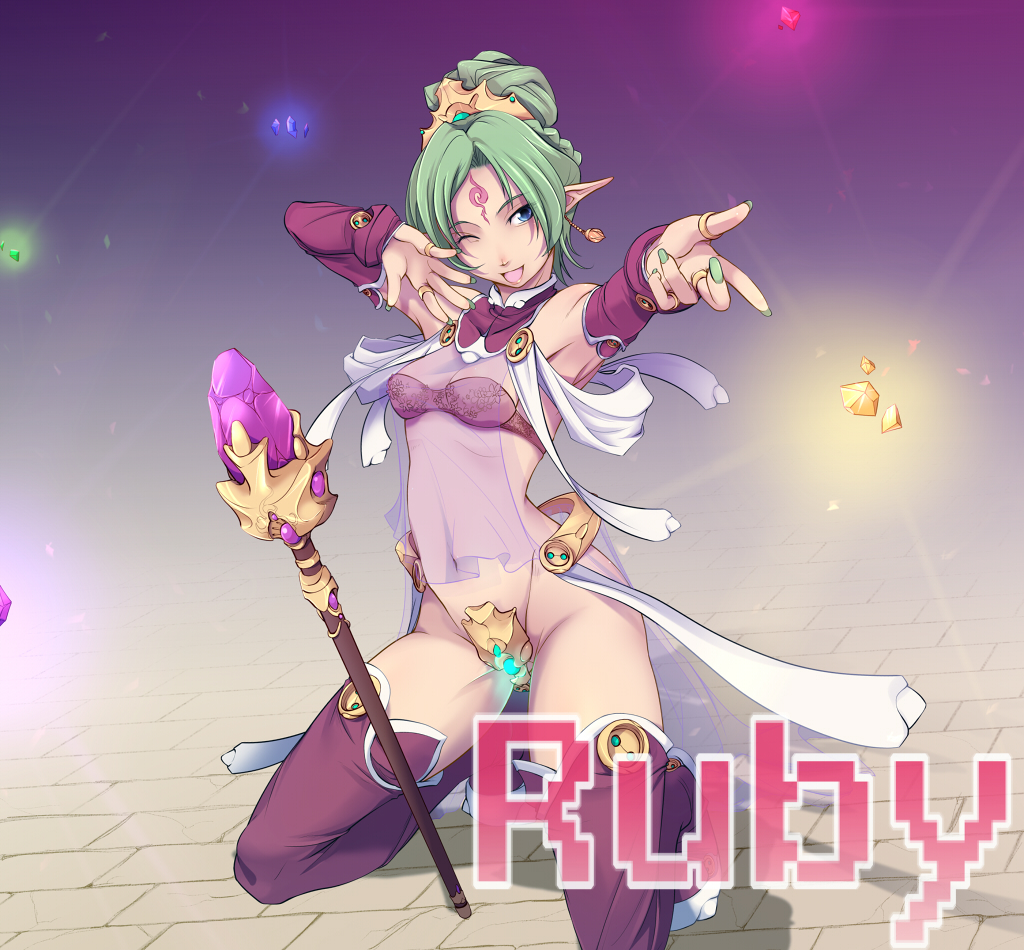 crotch_plate, earrings, green_hair, jewelry, painpa, panel_de_pon, pointy_ears, ruby_(panel_de_pon)