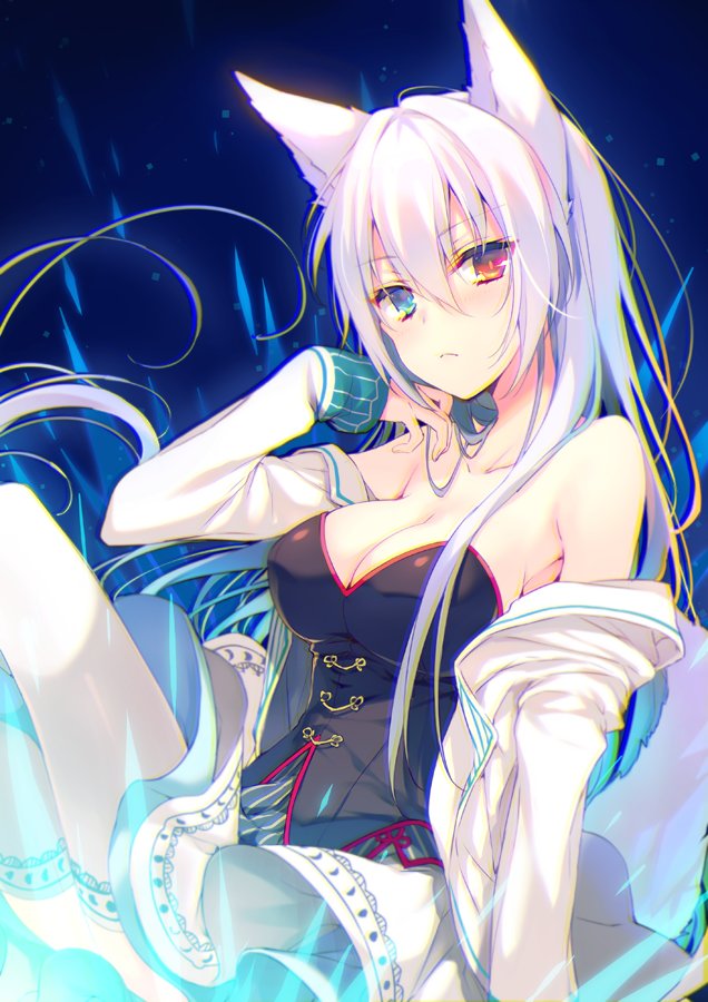 1girl, animal_ears, bare_shoulders, blue_eyes, blush, borrowed_character, breasts, canon_(nyori)