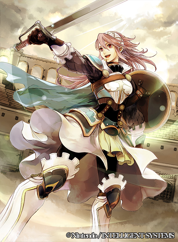 1girl, armor, armored_boots, black_legwear, boots, breastplate, cape, clouds, copyright_name, fire_emblem, fire_emblem_cipher, fire_emblem_if, gloves, greaves, hairband, holding, holding_sword, holding_weapon, long_hair, official_art, open_mouth, pantyhose, pink_hair, shield, skirt, soleil_(fire_emblem_if), solo, sword, wadadot_lv, weapon