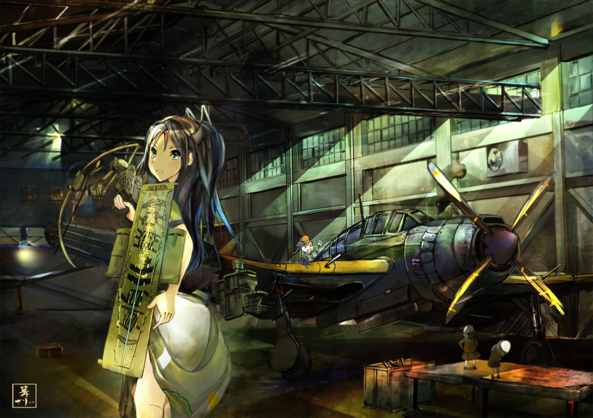aircraft, airplane, black_hair, blue_eyes, dark, fairy_(kantai_collection), hangar, helmet