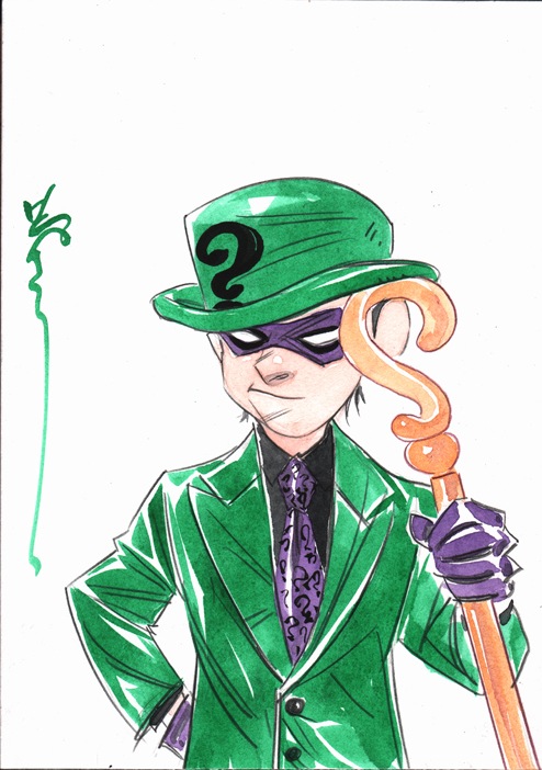 1boy, artist_signature, batman_(series), bowler_hat, cane, dc_comics, domino_mask, dustin_nguyen
