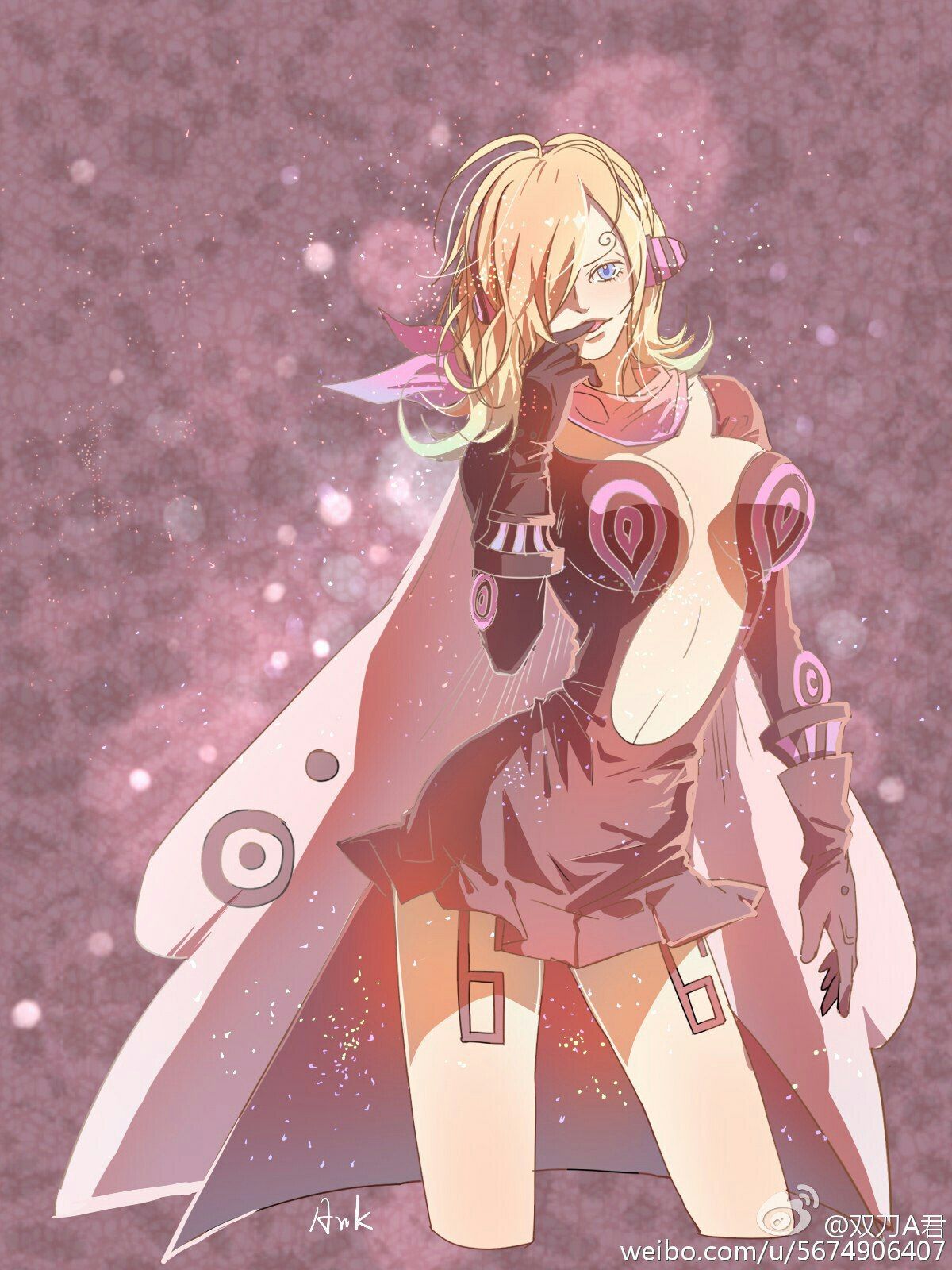 1girl, 66, artist_request, bandanna, blonde_hair, cape, cleavage, dress, gloves, hair_over_one_eye, headphones, long_sleeves, low_neckline, navel, one_piece, short_dress, solo, source_request, tattoo, vinsmoke_reiju
