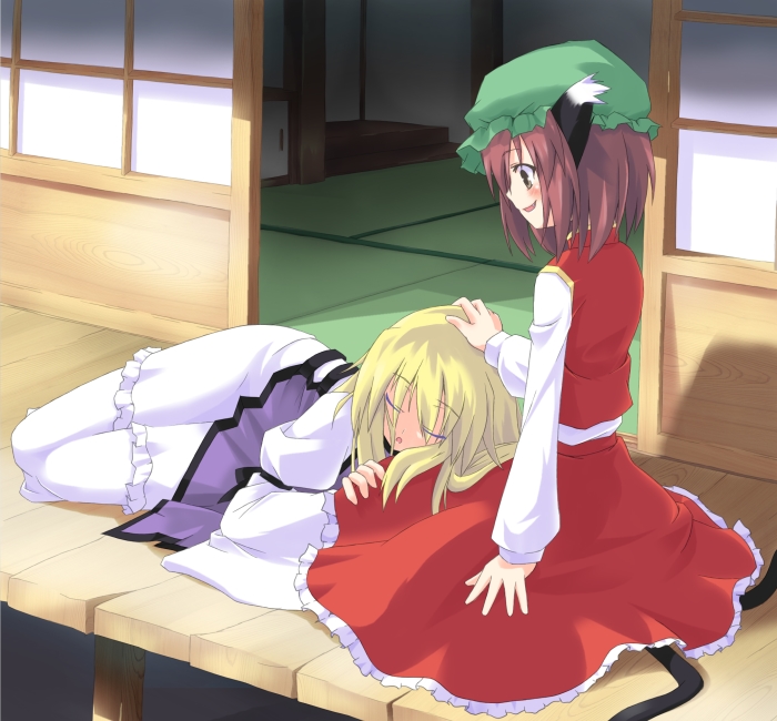 animal_ears, bad_id, blonde_hair, blush, brown_hair, cat_ears, chen, gumoyu