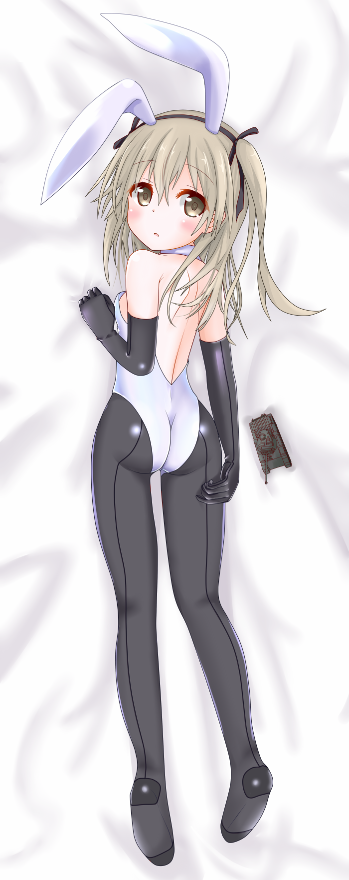 1girl, animal_ears, ass, bangs, bare_shoulders, black_gloves, black_legwear, blush