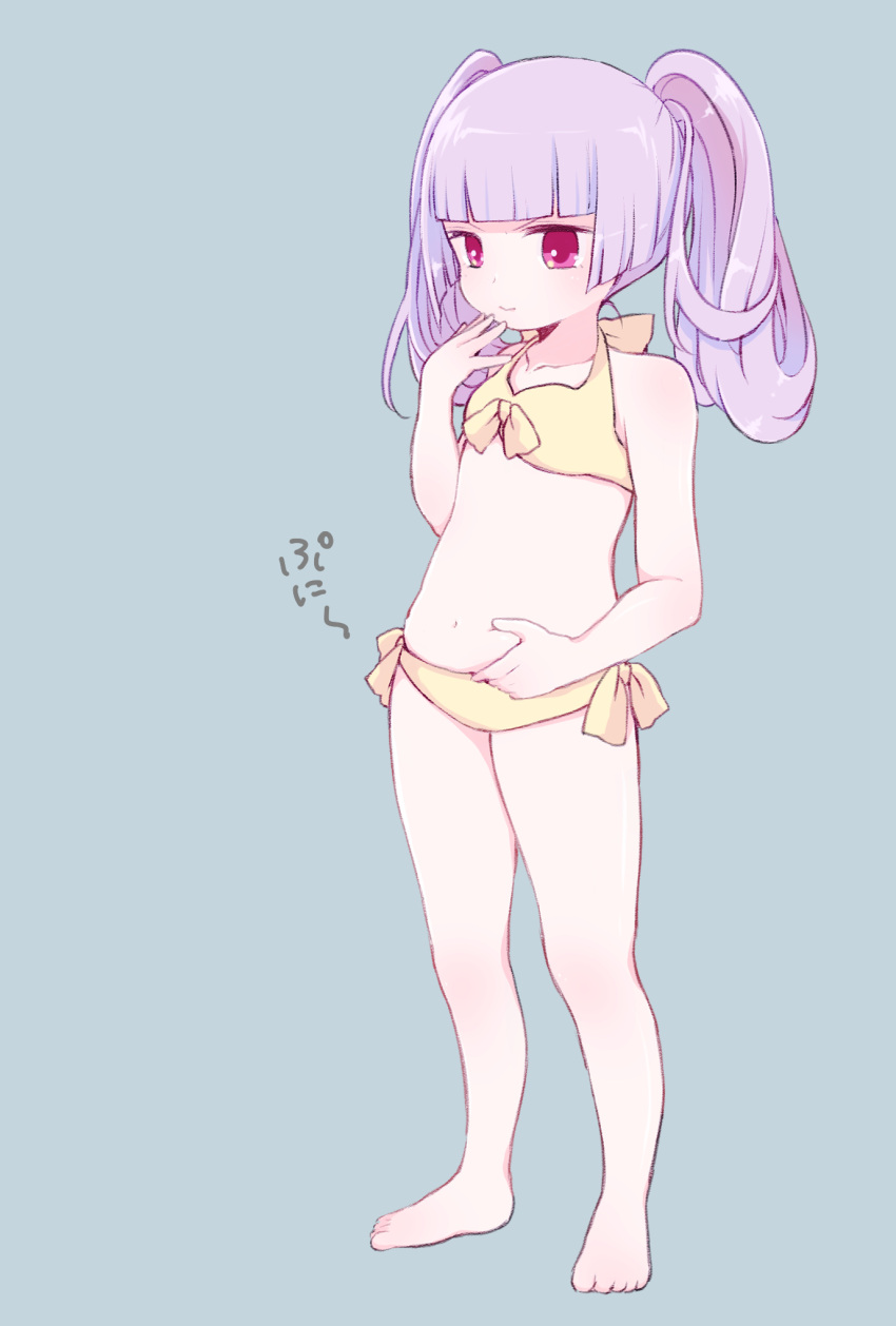 1girl, belly_grab, bikini, halterneck, highres, lavender_hair, long_hair, navel