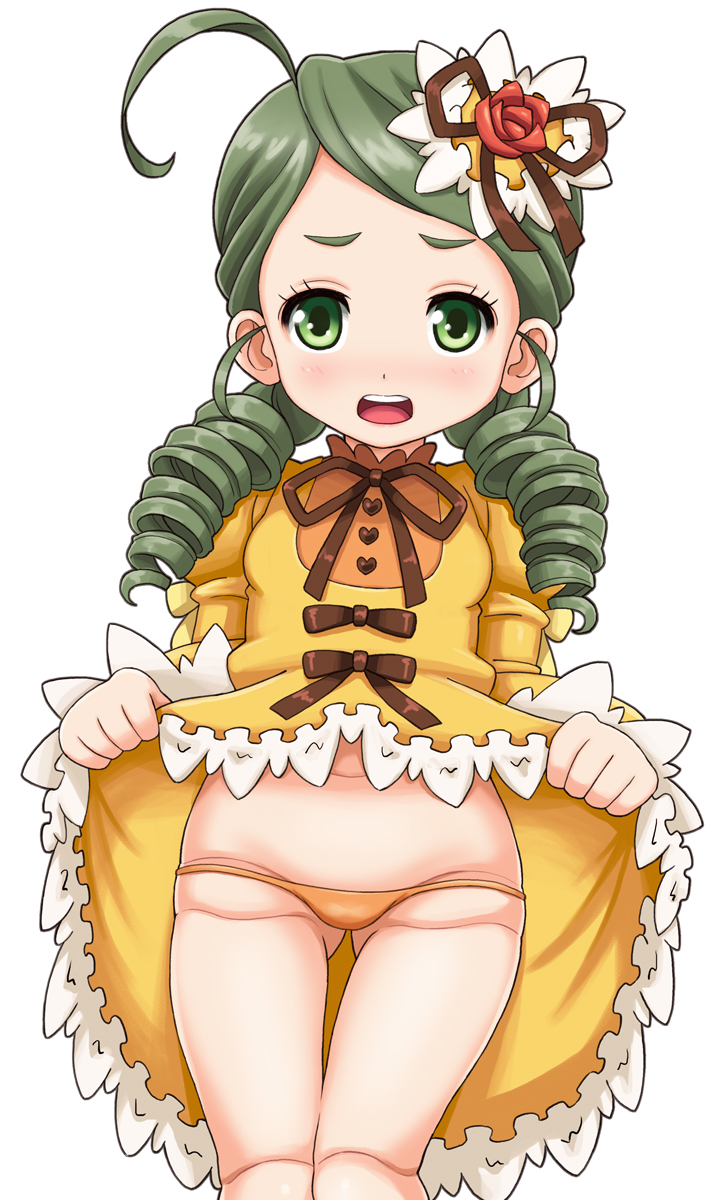 1girl, ahoge, aka_(s3637), bikini_bottom, blush, doll_joints, dress, dress_lift