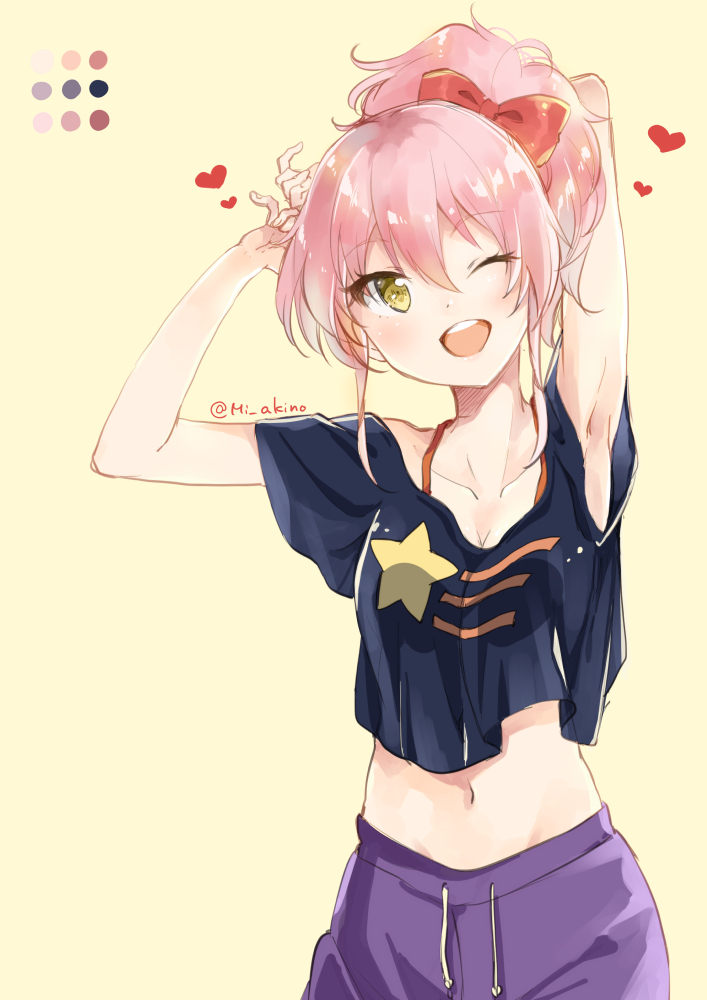 1girl, ;d, armpits, bow, hair_bow, heart, idolmaster, idolmaster_cinderella_girls
