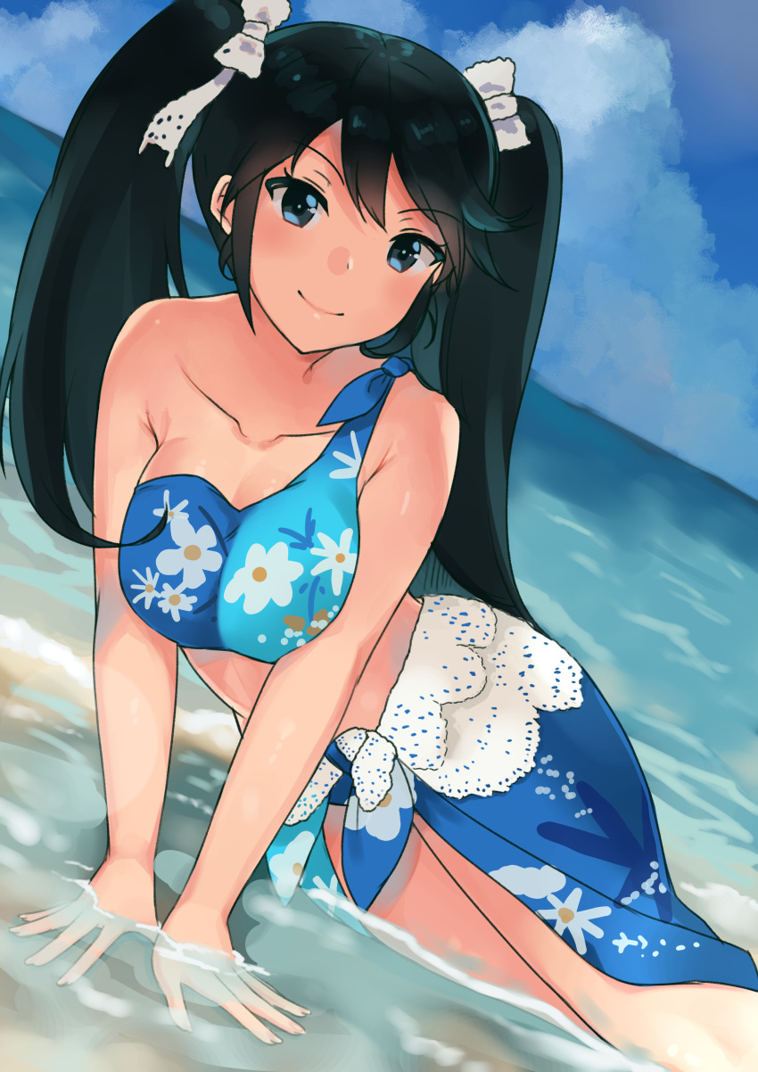 1girl, absurdres, beach, bikini, black_hair, blue_bikini, blue_sky, breasts