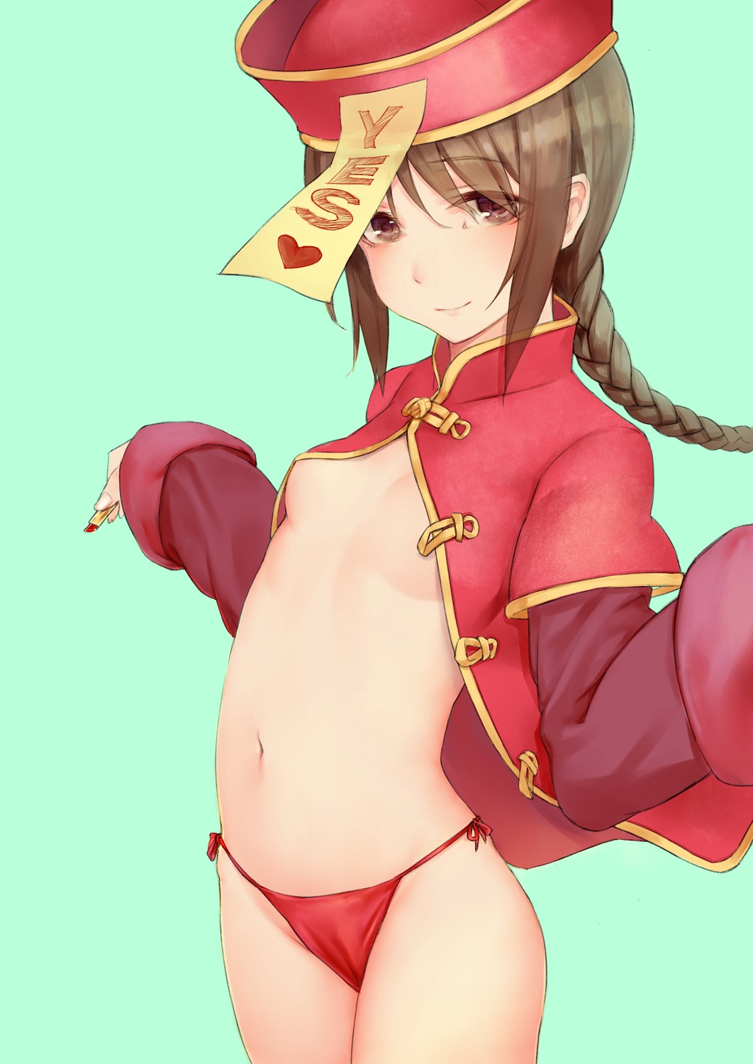 1girl, blush, braid, breasts, brown_eyes, brown_hair, chinese_clothes, hat