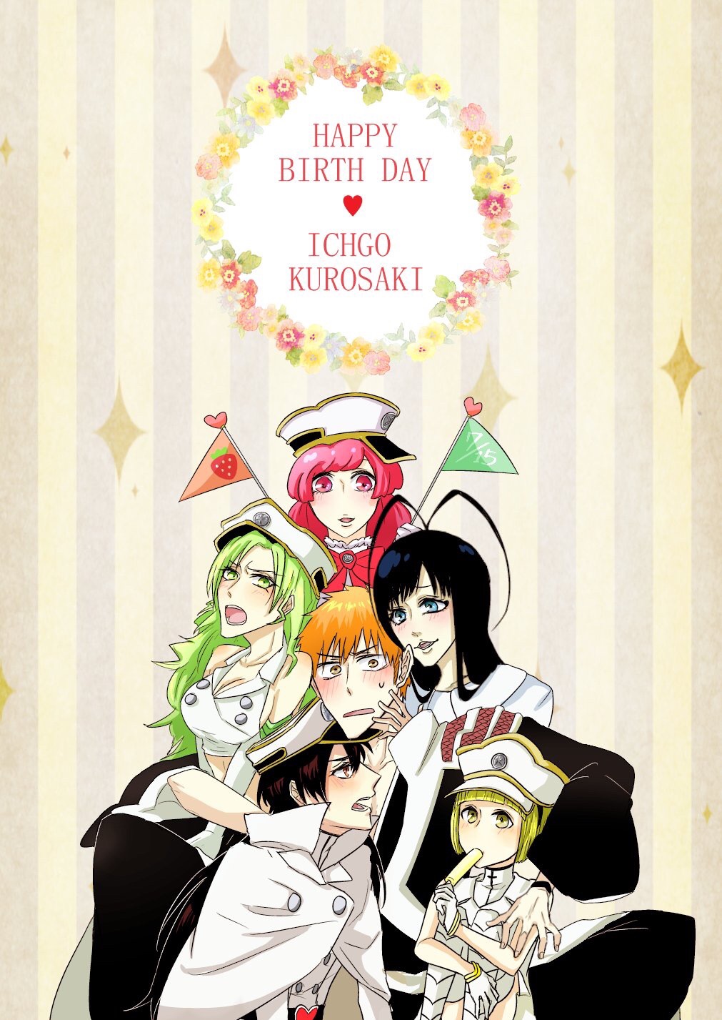 2boys, 4girls, bambietta_basterbine, black_hair, bleach, blonde_hair, blue_eyes, blush