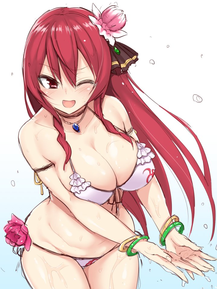 1girl, bikini, blush, bracelet, breasts, cattleya_(flower_knight_girl), cleavage, cowboy_shot