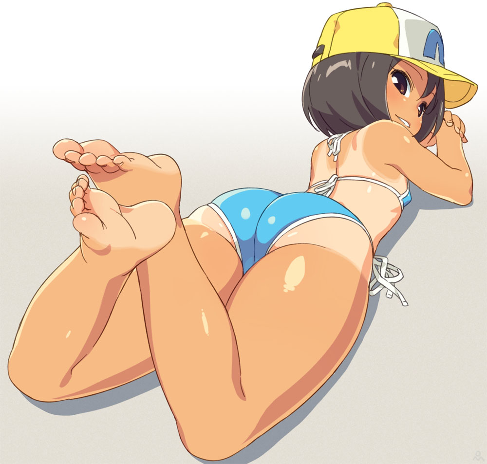 1girl, ass, barefoot, baseball_cap, bikini, black_hair, brown_eyes, feet, flat_chest, grin, hat, looking_back, lying, om_(nk2007), on_stomach, short_hair, smile, soles, solo, swimsuit, tan, tanline, toes, yamaguchi_mika, youkai_watch