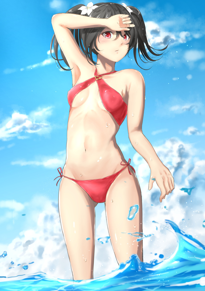 1girl, bikini, black_hair, breasts, clouds, flower, hair_flower, hair_ornament, highres, k_ryo, long_hair, love_live!, love_live!_school_idol_project, red_bikini, red_eyes, side-tie_bikini, small_breasts, soaking_feet, solo, standing, swimsuit, twintails, wading, water, yazawa_nico