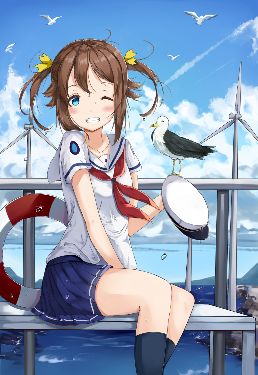 1girl, absurdres, bench, bird, blue_eyes, blue_sky, blush, brown_hair