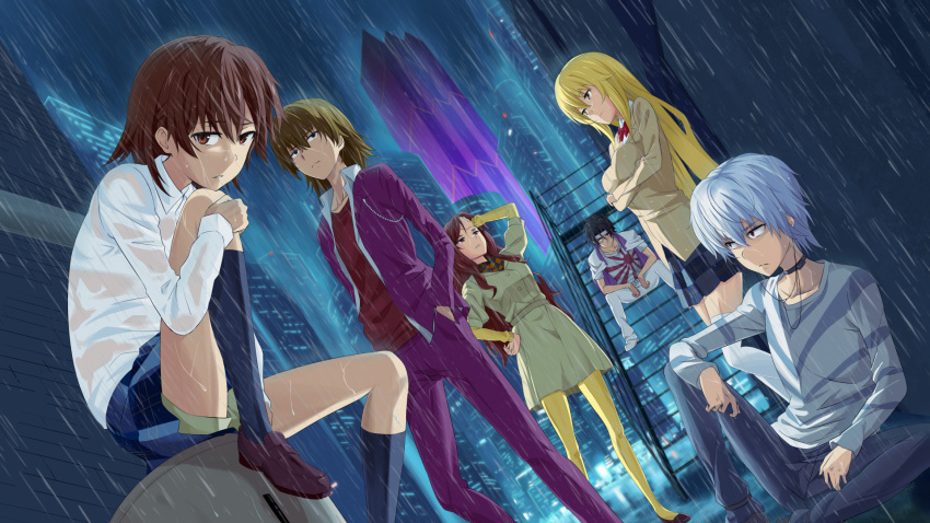 3boys, 3girls, accelerator, against_wall, bandanna, black_hair, blonde_hair, brown_eyes