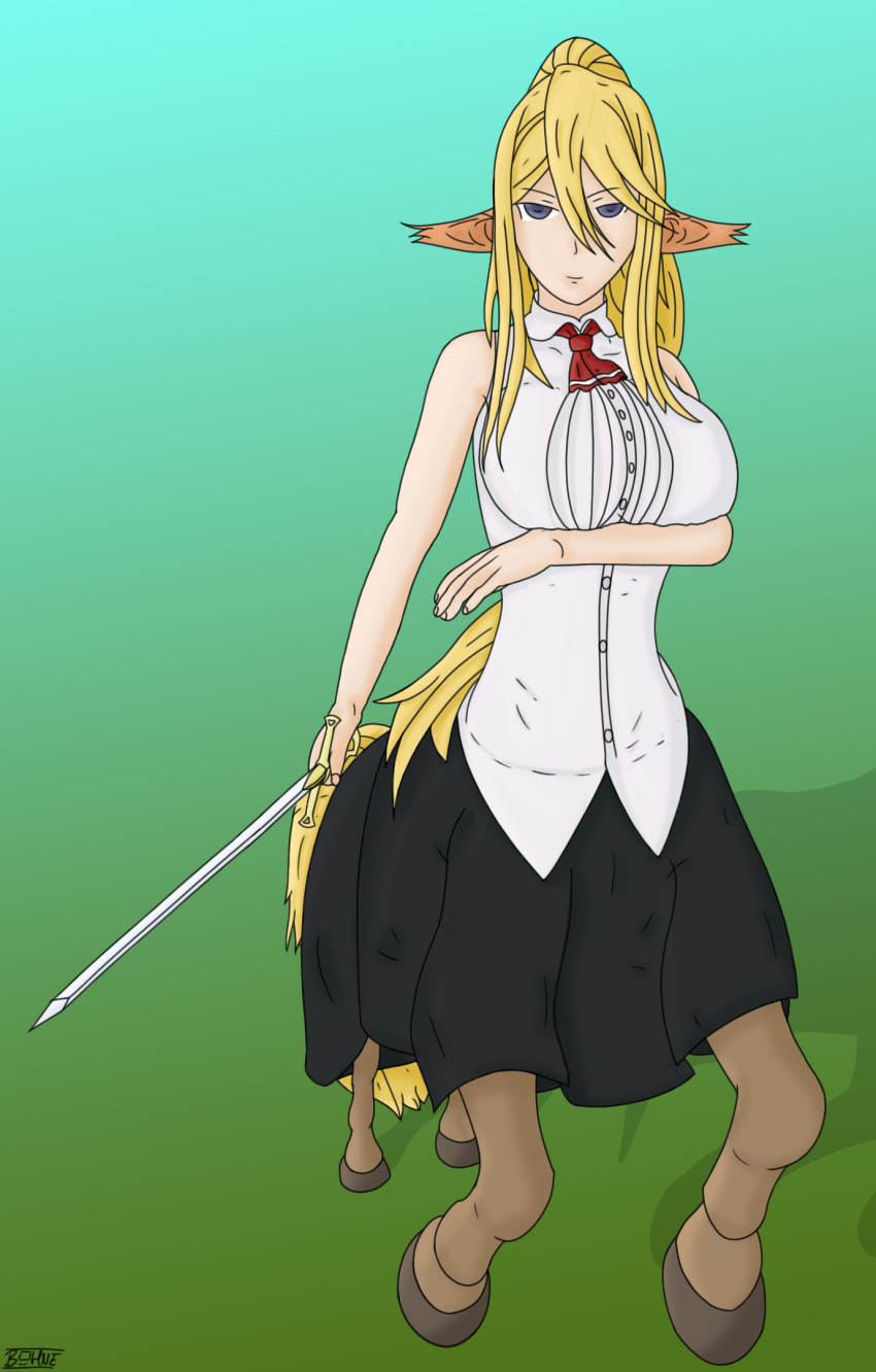 1girl, blonde_hair, blue_eyes, bohne, breasts, centaur, centorea_shianus, full_body
