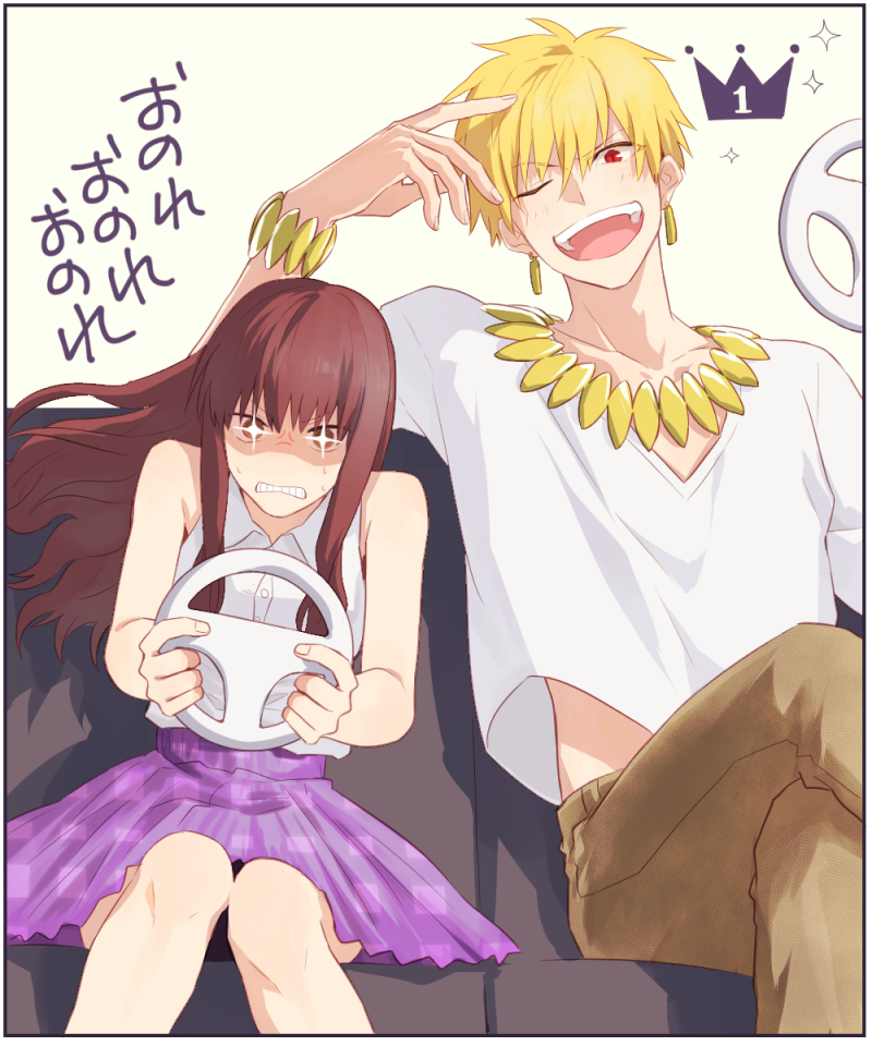 +_+, 1boy, 1girl, bare_shoulders, blonde_hair, bracelet, couch, crown